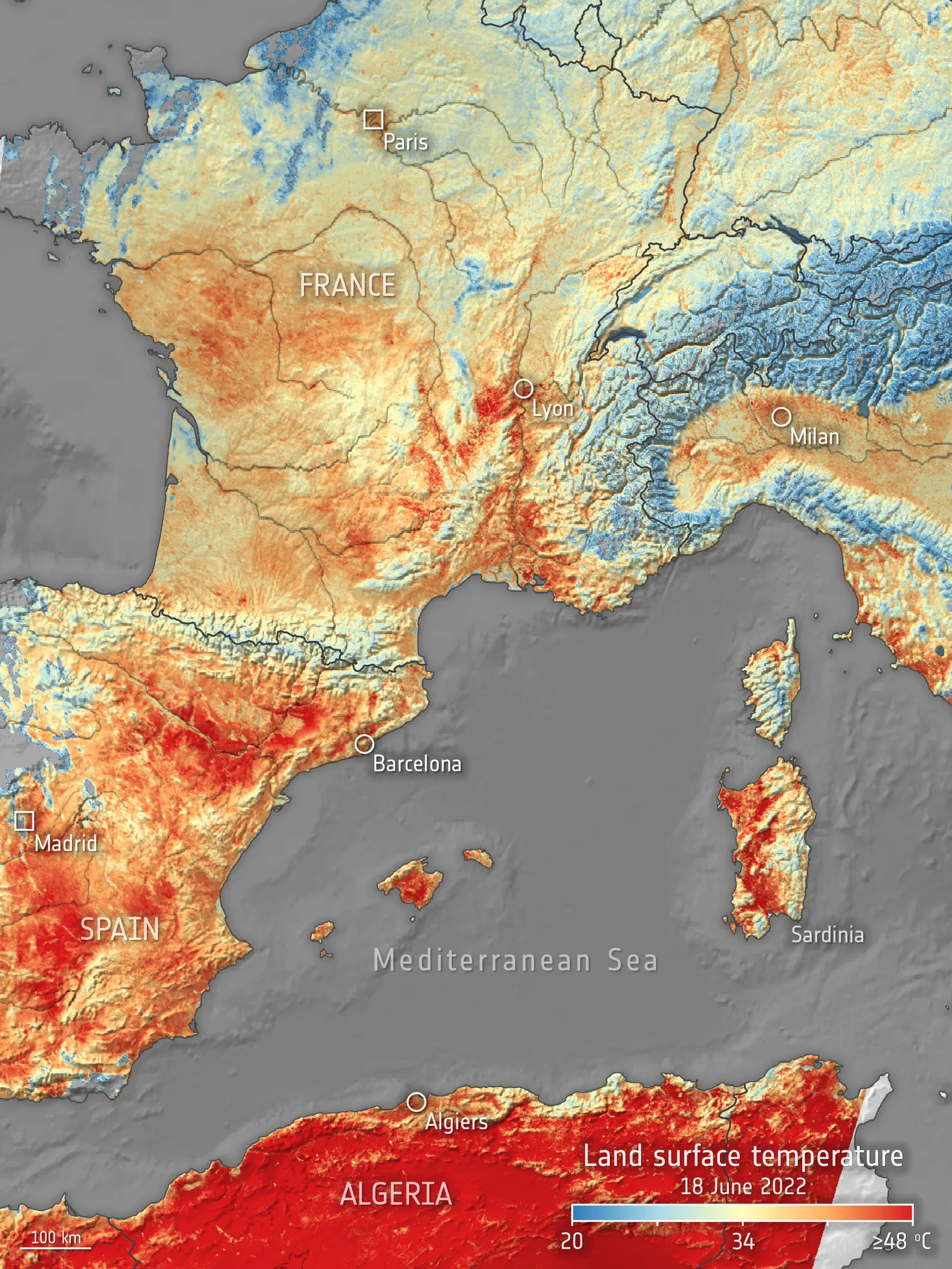 Satelliittikuva helleaallosta Länsi-Euroopan yllä