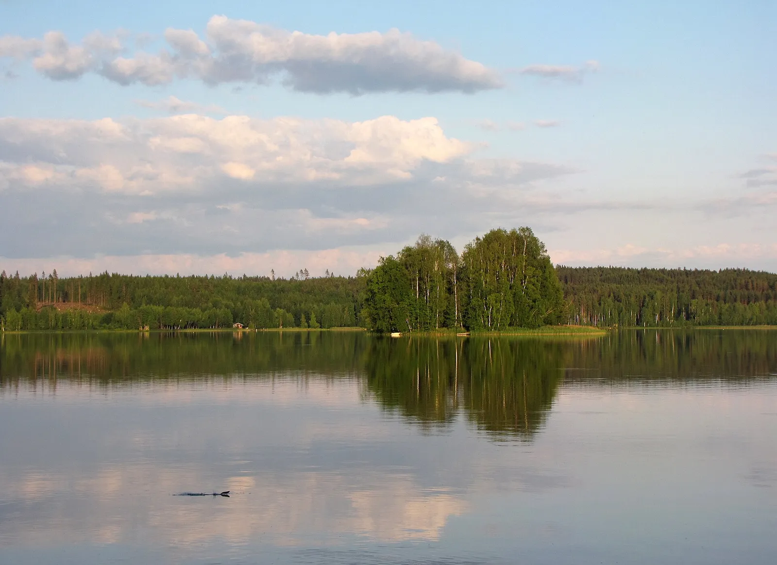 Kesäinen järvimaisema ja pilvinen taivas Suomessa