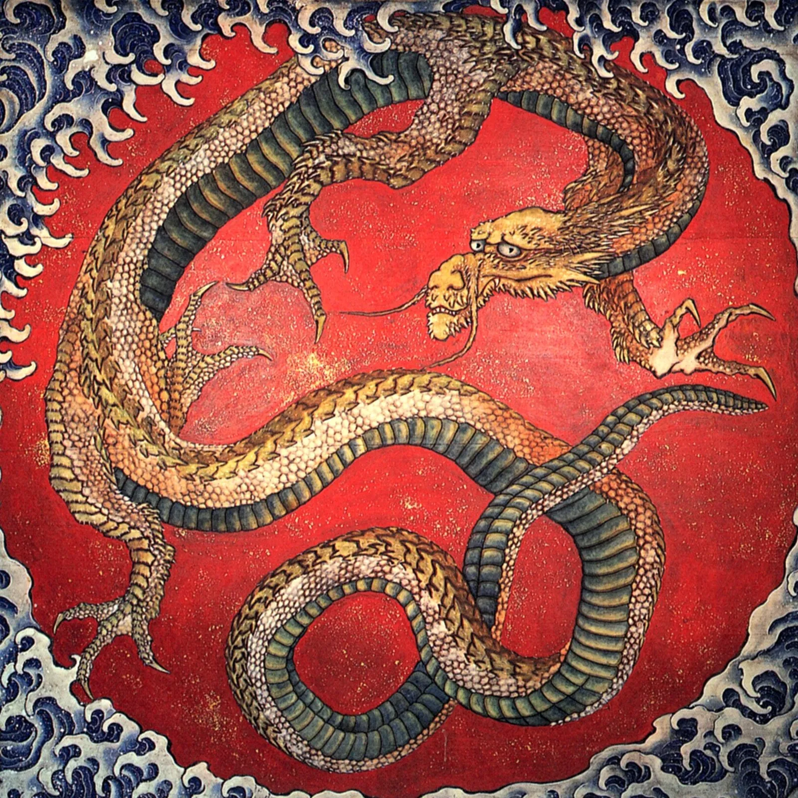 A dragon rising through clouds, ink painting by Hokusai