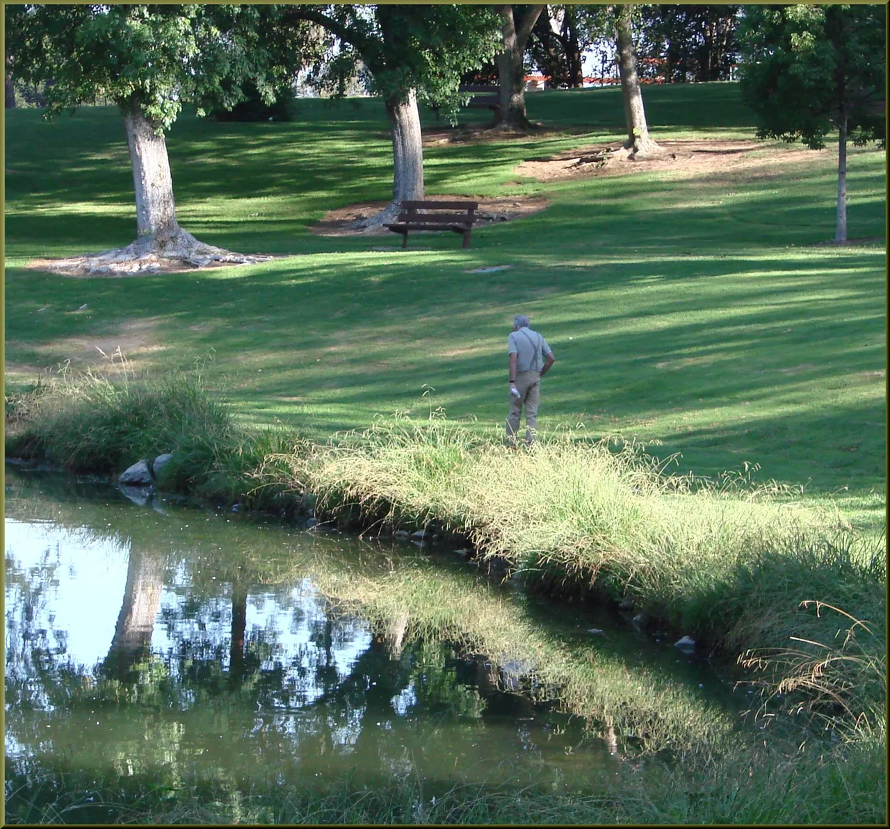 An older man walking alone in a park