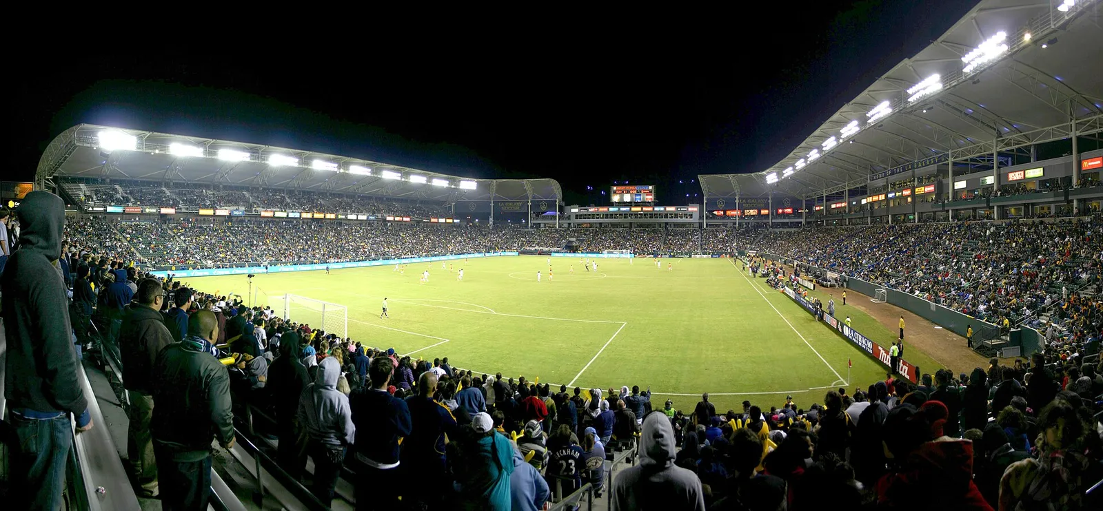 A packed soccer stadium crowd
